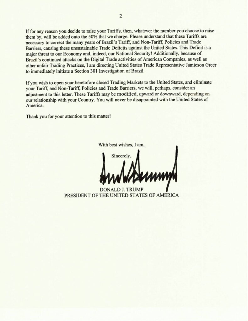 Carta de Donald Trump a Lula da Silva informando sobre Sanções